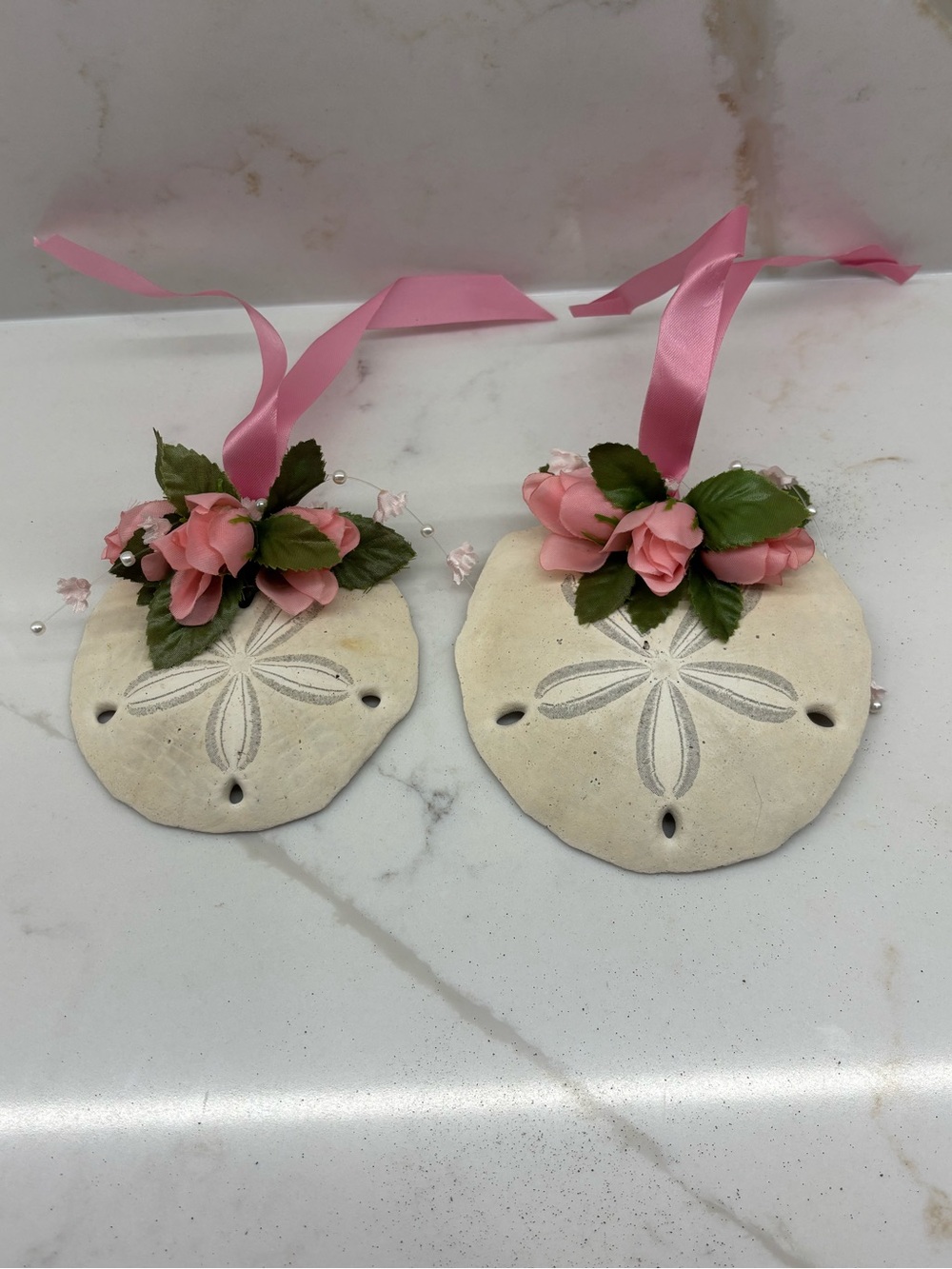 Vintage Sand Dollar Ornaments with Pink Floral Ribbon Costa Rica 1995 Souvenir